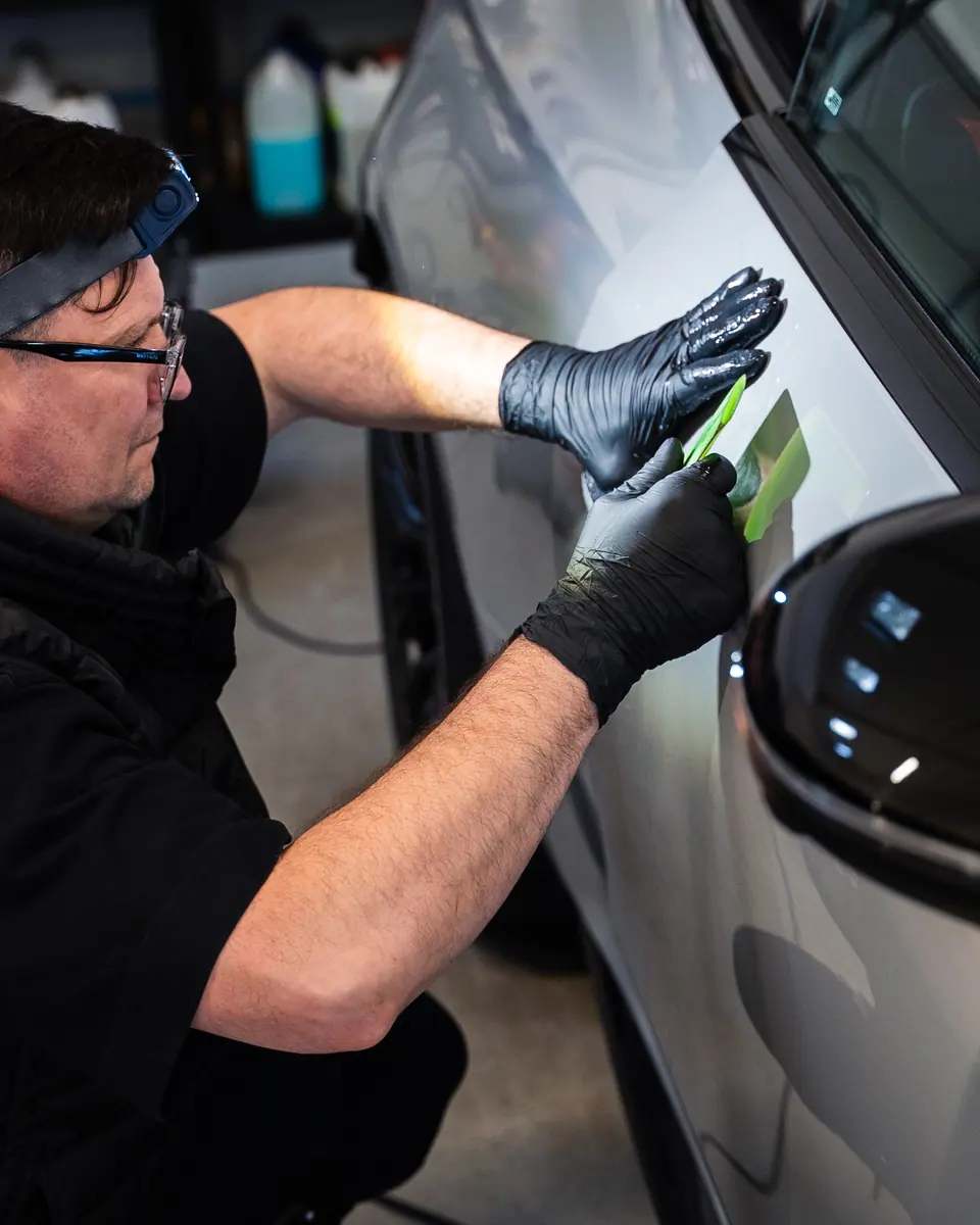 Aplikacja folii PPF na drzwiach – auto klienta, aplikacja folii PPF, studio Premium-Auto Szczecin